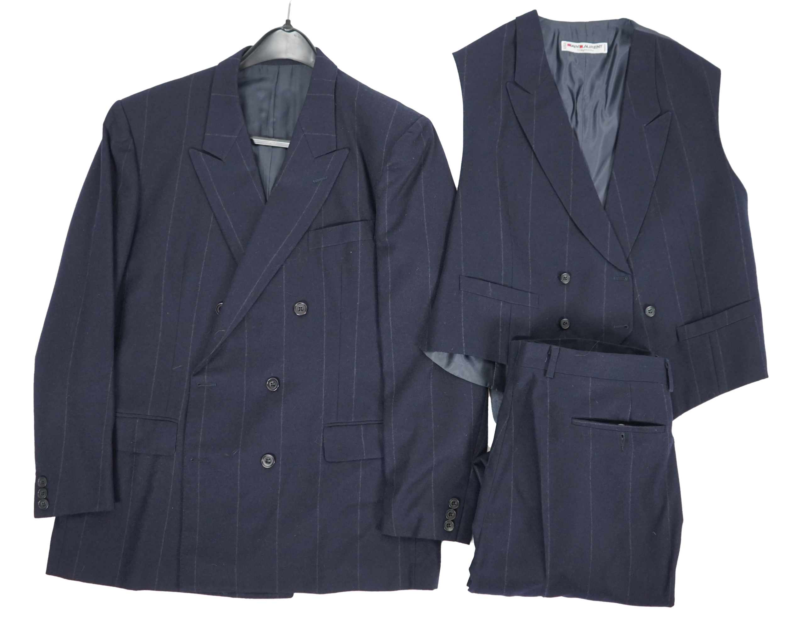 A Saint Laurent rive gauche gentlemen's navy chalk stripe three-piece double breasted wool suit, jacket 42